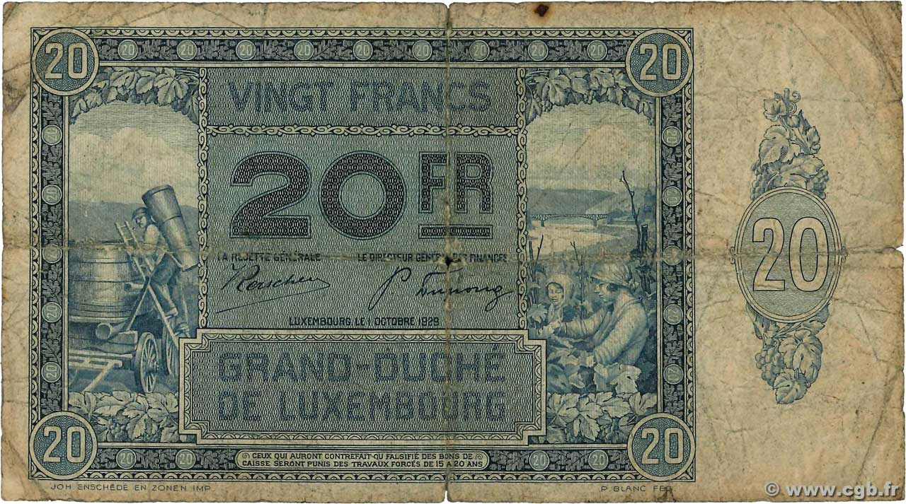 20 Francs LUXEMBOURG  1929 P.37a G