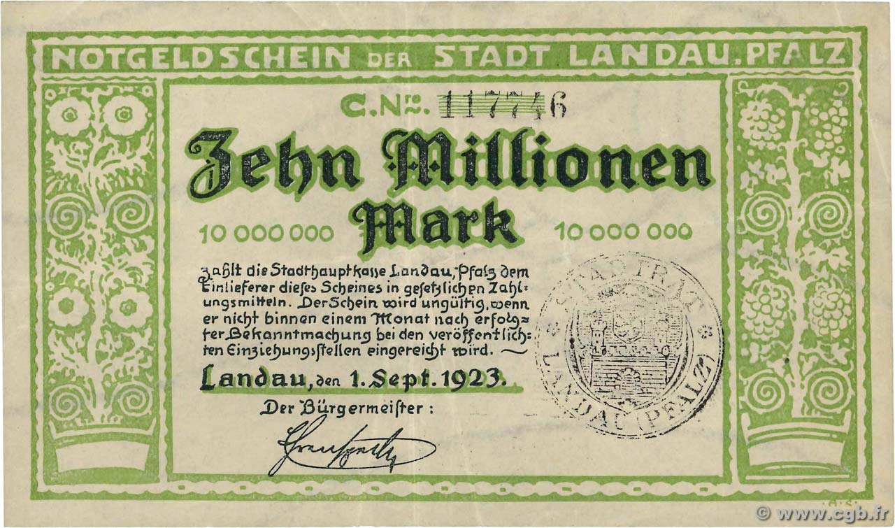 10 Millions Mark GERMANIA Landau Pfalz 1923  q.SPL