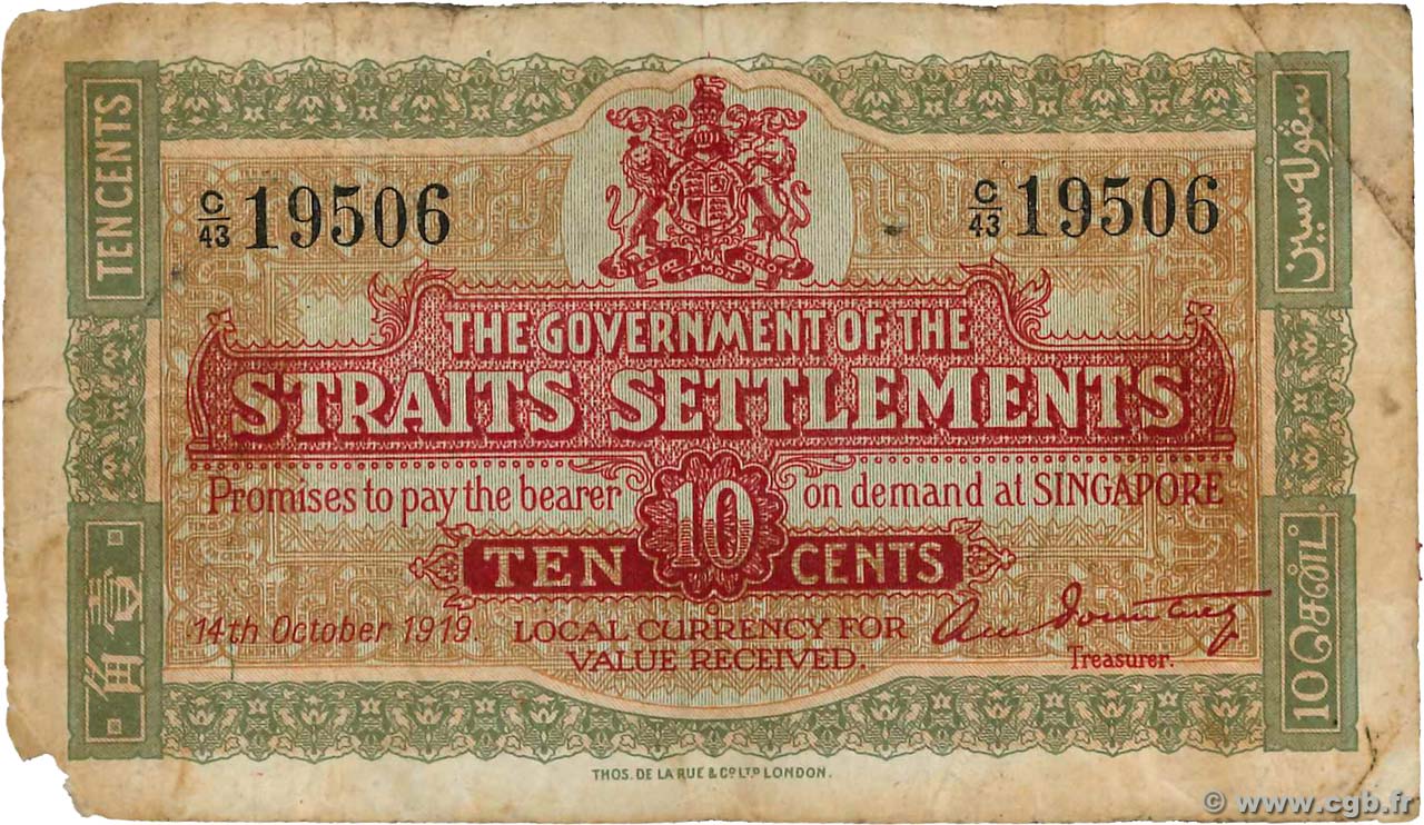 10 Cents MALAYSIA - STRAITS SETTLEMENTS  1919 P.08b G