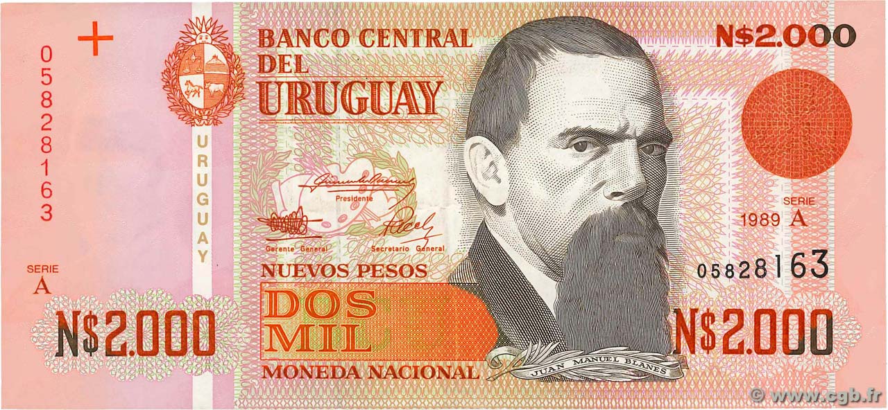 2000 Nuevos Pesos URUGUAY  1989 P.068a MBC