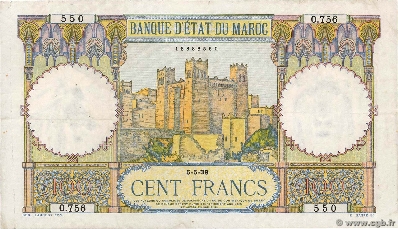 100 Francs MAROCCO  1938 P.20 BB