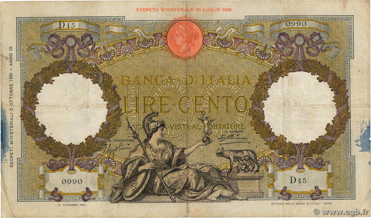 100 Lire ITALIA  1934 P.055a MB
