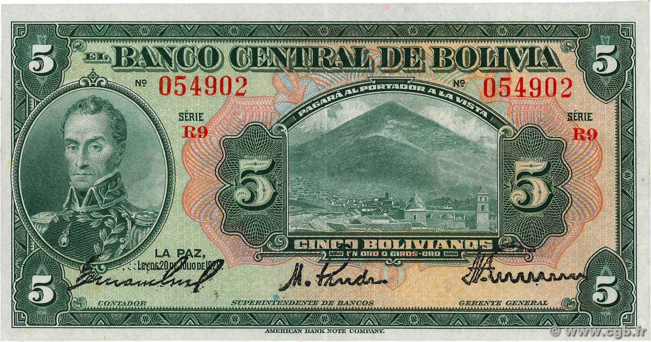 5 Bolivianos BOLIVIEN  1928 P.120a fST