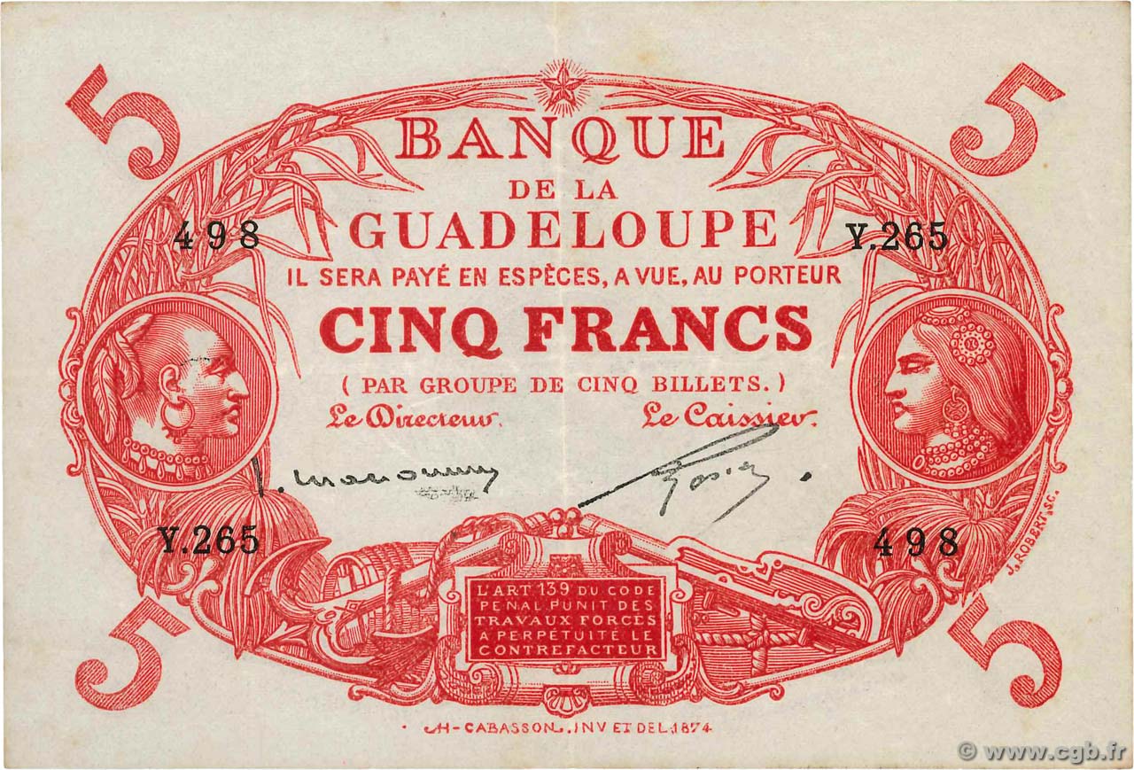 5 Francs Cabasson rouge GUADELOUPE  1934 P.07c SS