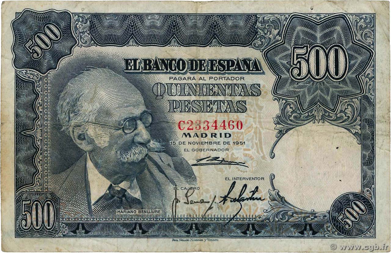 500 Pesetas ESPAGNE  1951 P.142a TB