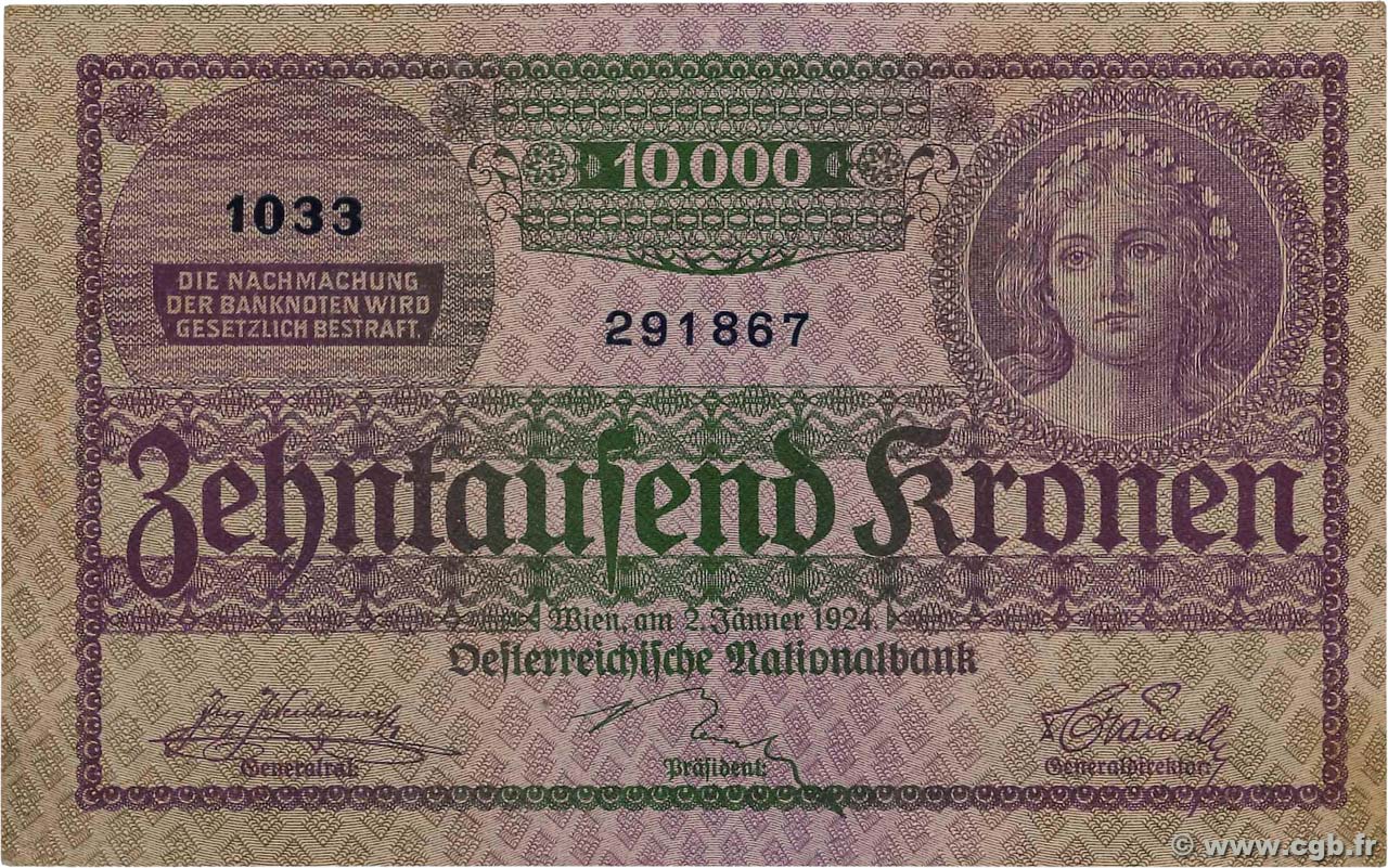 10000 Kronen ÖSTERREICH  1924 P.085 VZ+