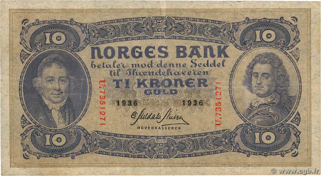 10 Kroner NORVÈGE  1936 P.08c MBC