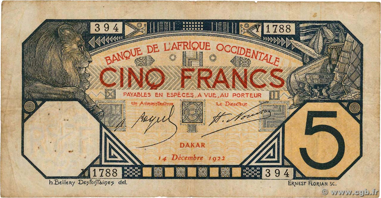 5 Francs DAKAR FRENCH WEST AFRICA Dakar 1922 P.05Bb S to SS