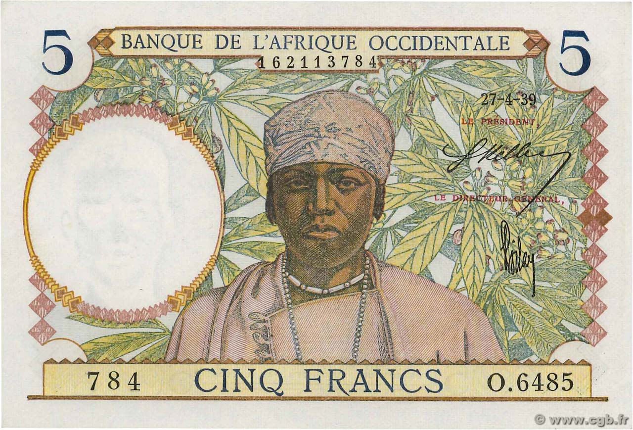 5 Francs FRENCH WEST AFRICA  1939 P.21 UNC-