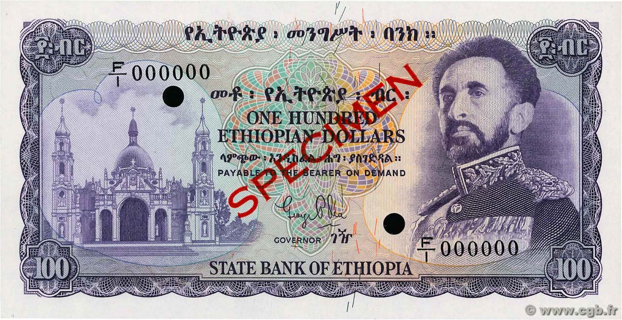 100 Dollars Spécimen ETHIOPIA  1961 P.23s UNC