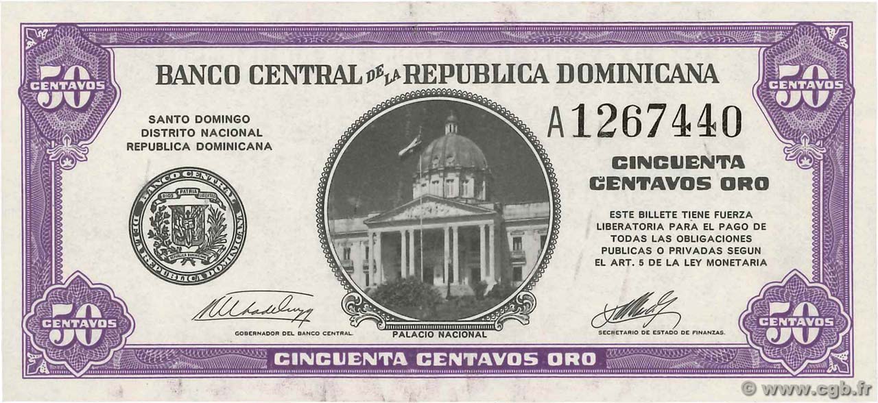 50 Centavos Oro RÉPUBLIQUE DOMINICAINE  1961 P.089a UNC-