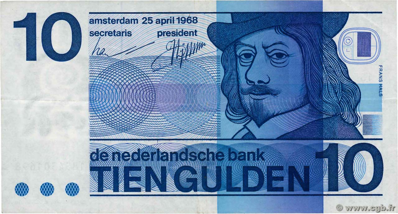 10 Gulden NETHERLANDS  1968 P.091b VF