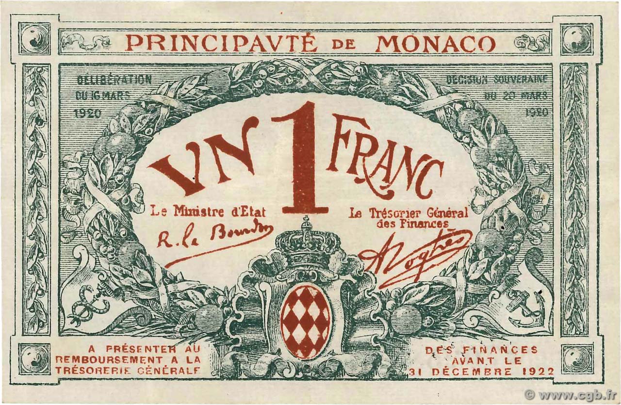 1 Franc MONACO  1920 P.05 SS