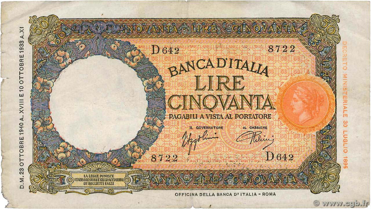 50 Lire ITALY  1938 P.054b F-