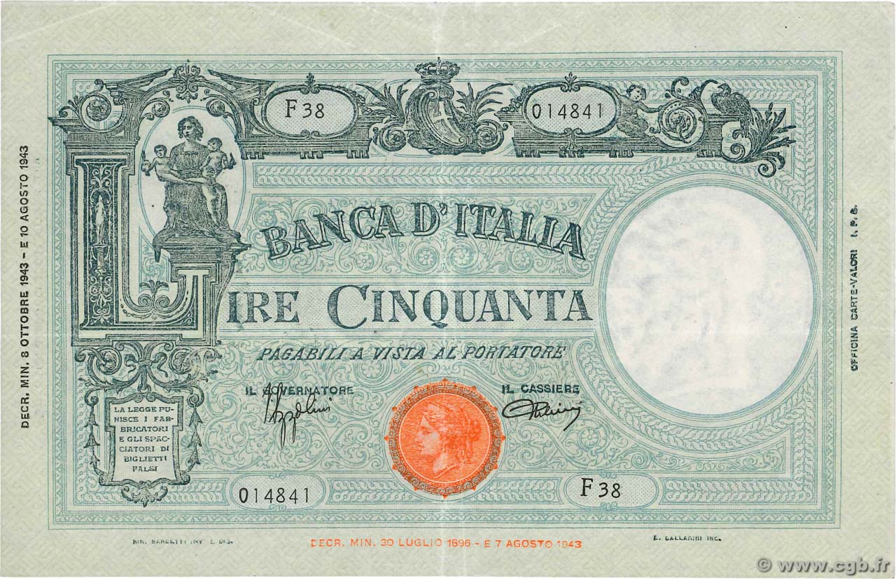 50 Lire ITALY  1943 P.065 XF