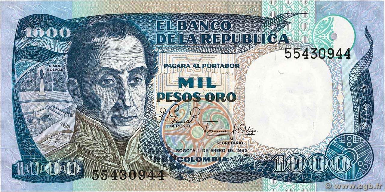 1000 Pesos Oro COLOMBIA  1982 P.424a FDC