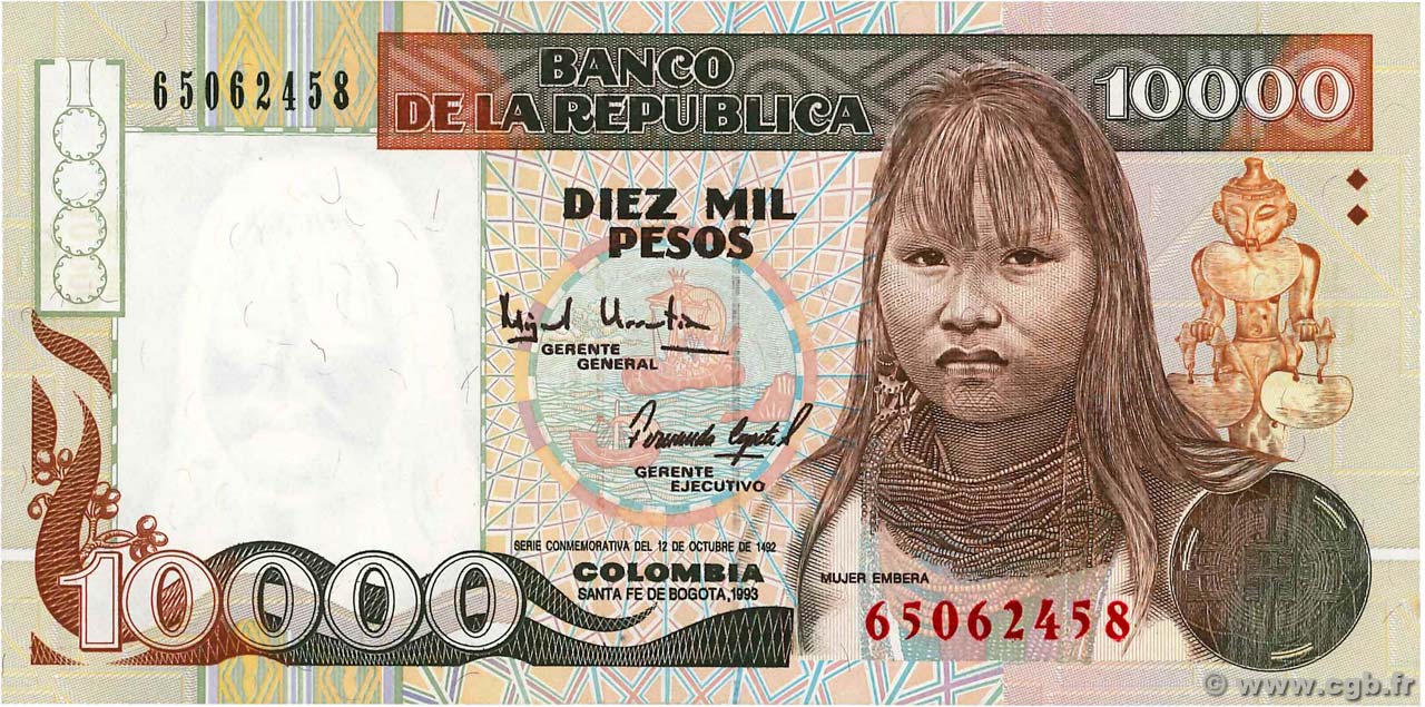 10000 Pesos Oro KOLUMBIEN  1993 P.437A fST+
