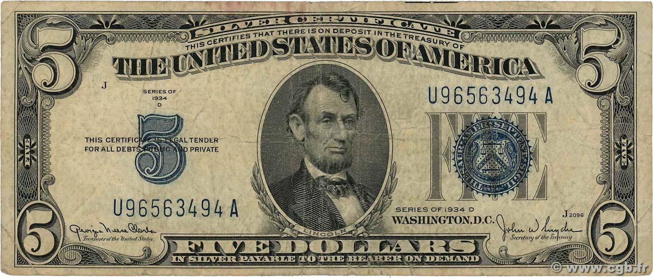 5 Dollars ÉTATS-UNIS D AMÉRIQUE  1934 P.414Ad TB