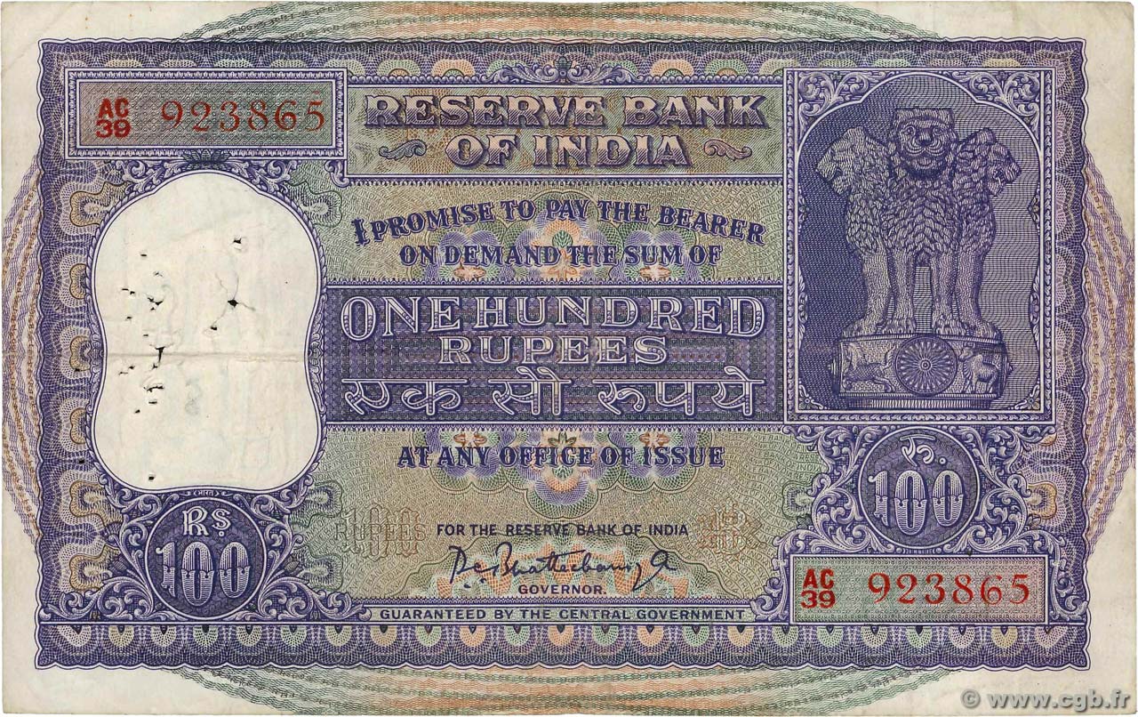 100 Rupees INDIA  1962 P.045 F