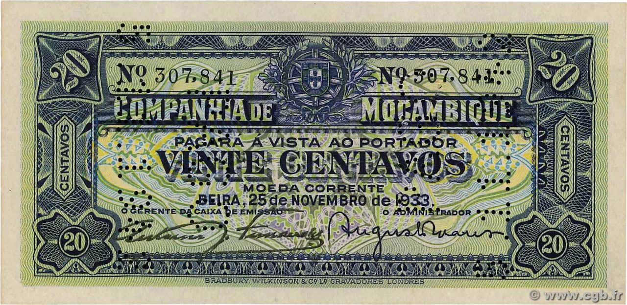 20 Centavos MOZAMBICO Beira 1933 P.R29 FDC
