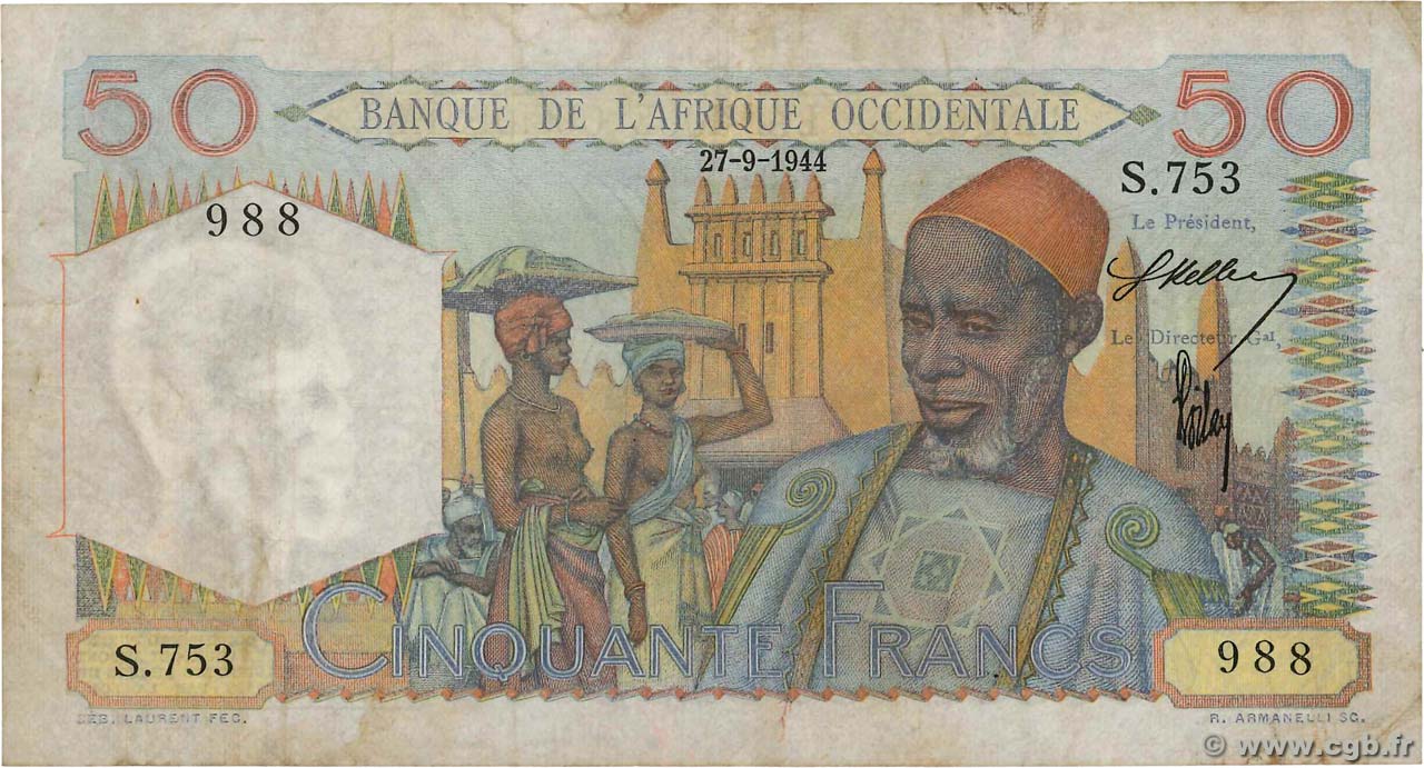50 Francs AFRIQUE OCCIDENTALE FRANÇAISE (1895-1958)  1944 P.39 TB