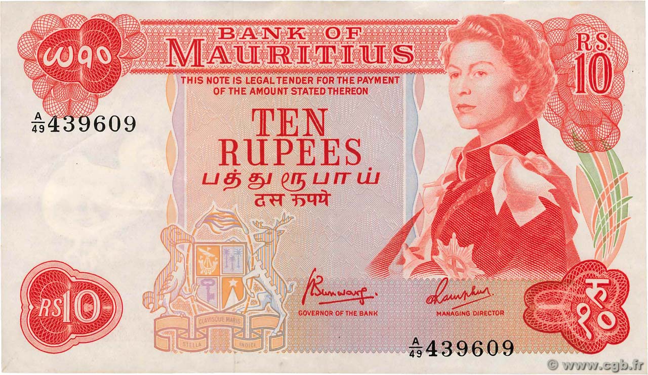 10 Rupees MAURITIUS  1967 P.31c VF+