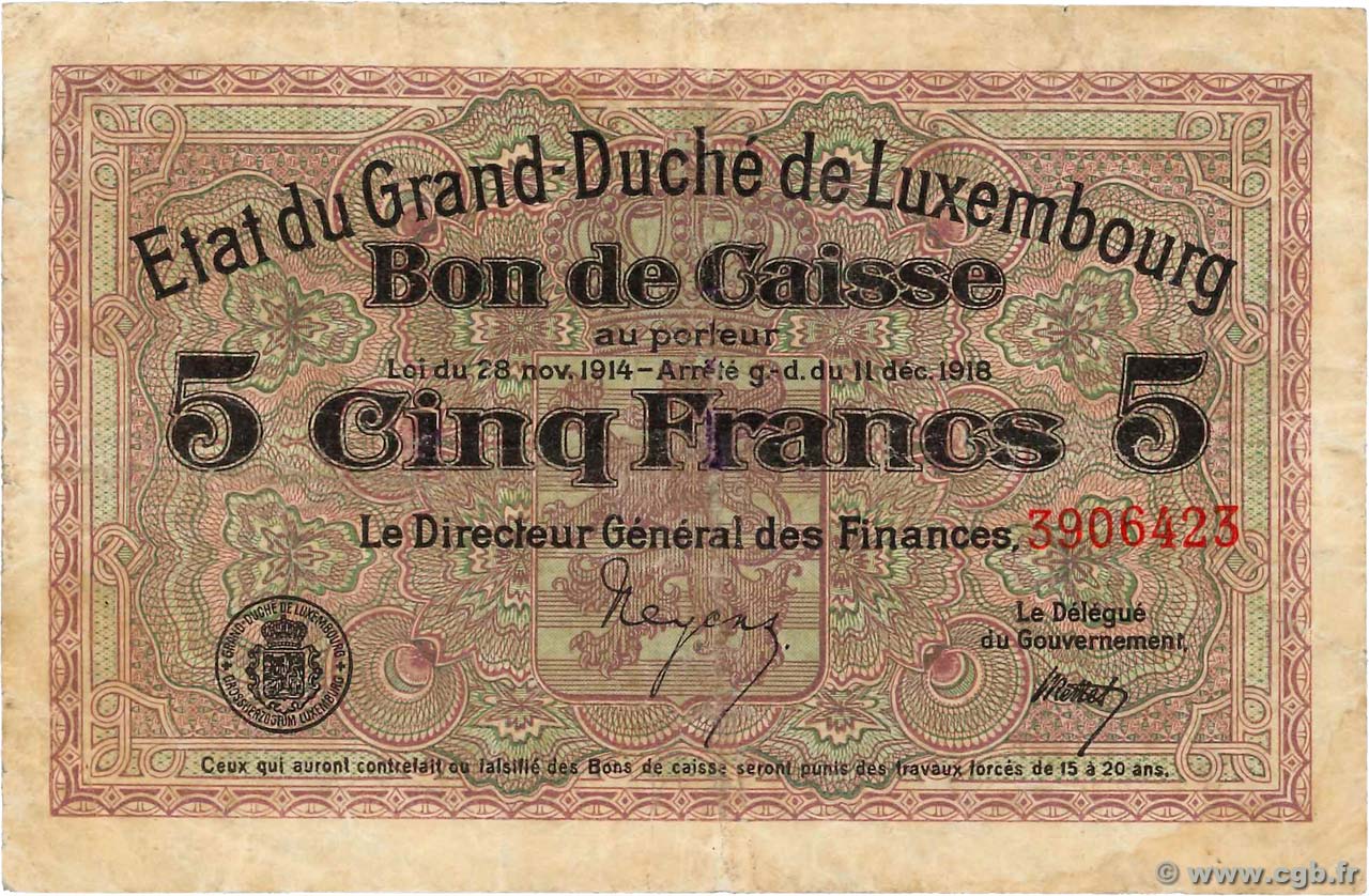 5 Francs LUXEMBOURG  1919 P.29c pr.TTB