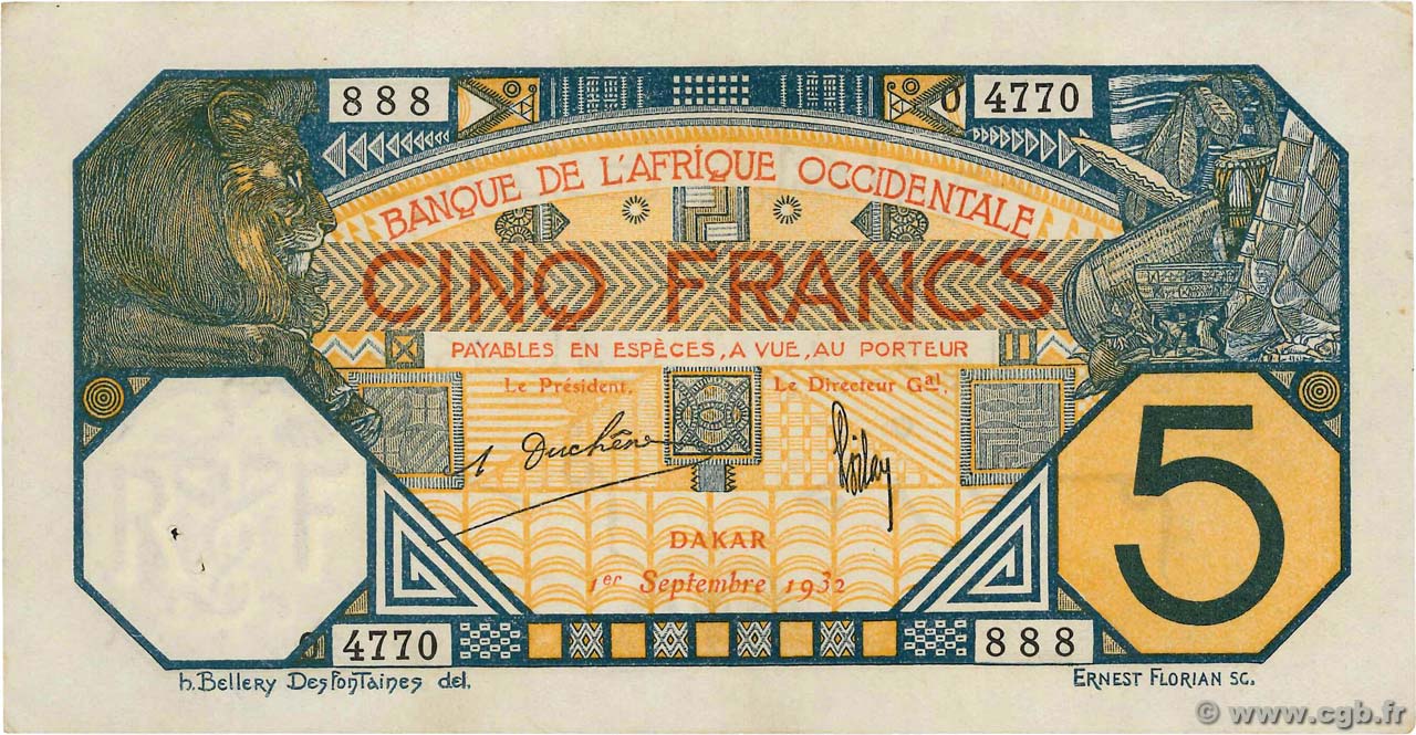 5 Francs DAKAR FRENCH WEST AFRICA Dakar 1932 P.05Bf SPL