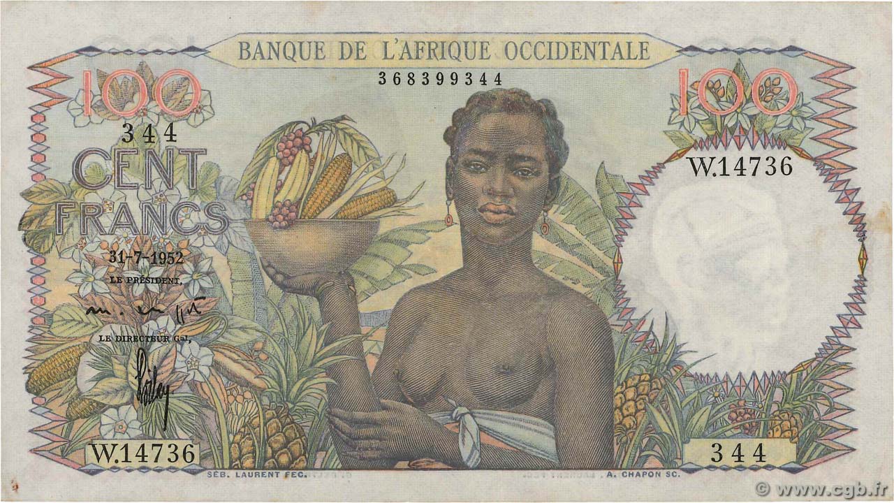 100 Francs FRENCH WEST AFRICA  1952 P.40 SS
