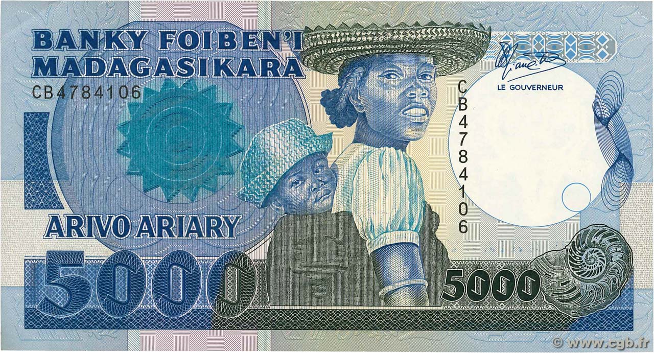 5000 Francs - 1000 Ariary MADAGASKAR  1988 P.073a fST