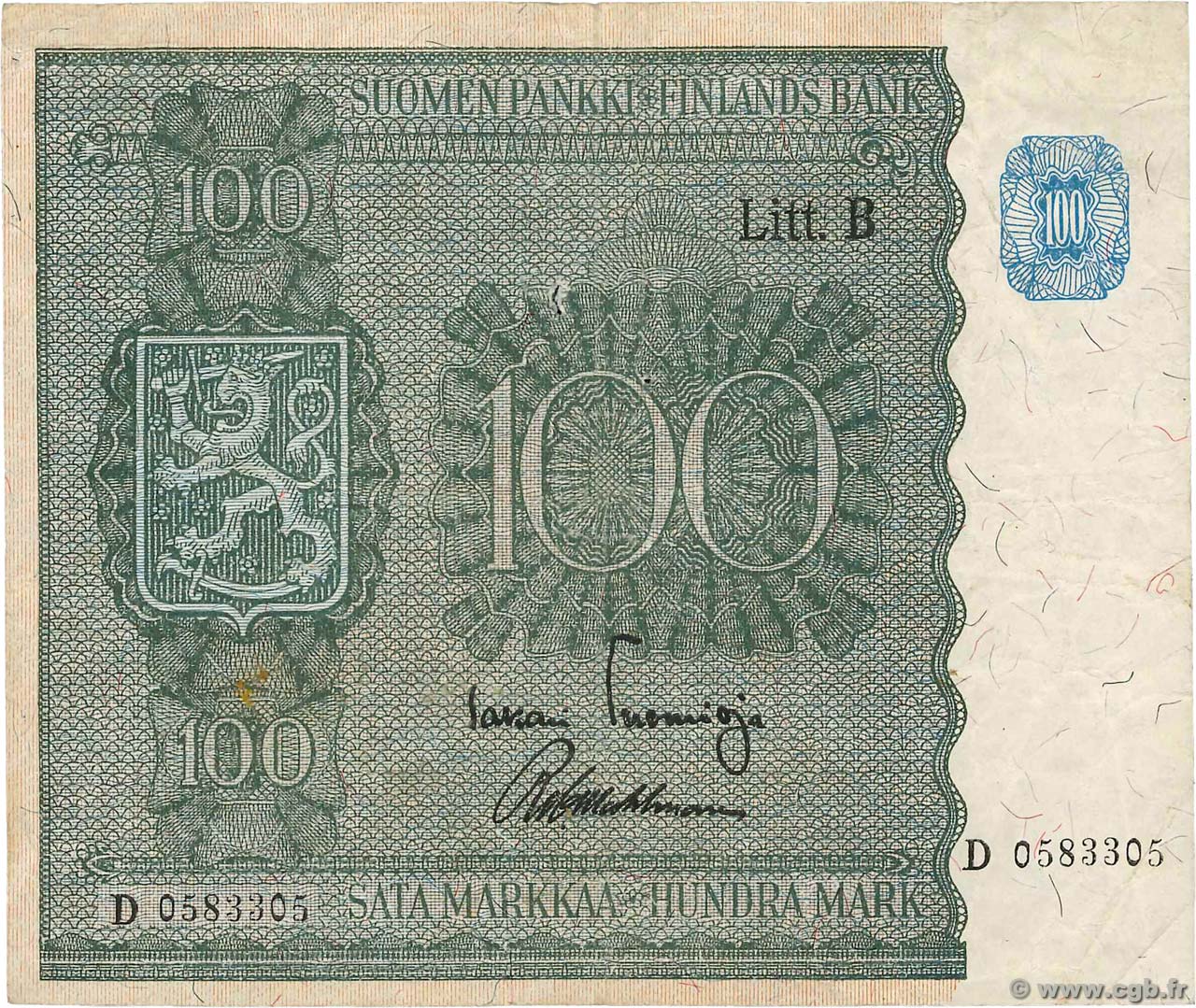 100 Markkaa FINLAND  1945 P.088 F