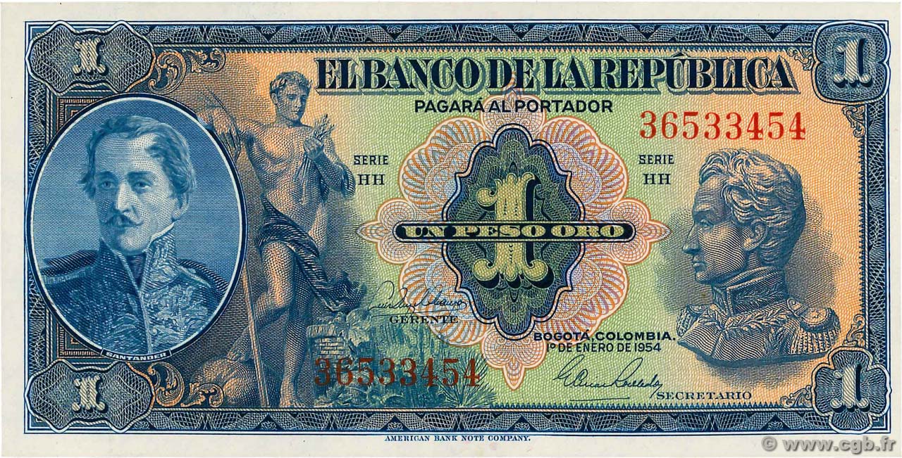 1 Peso Oro COLOMBIA  1954 P.380g UNC
