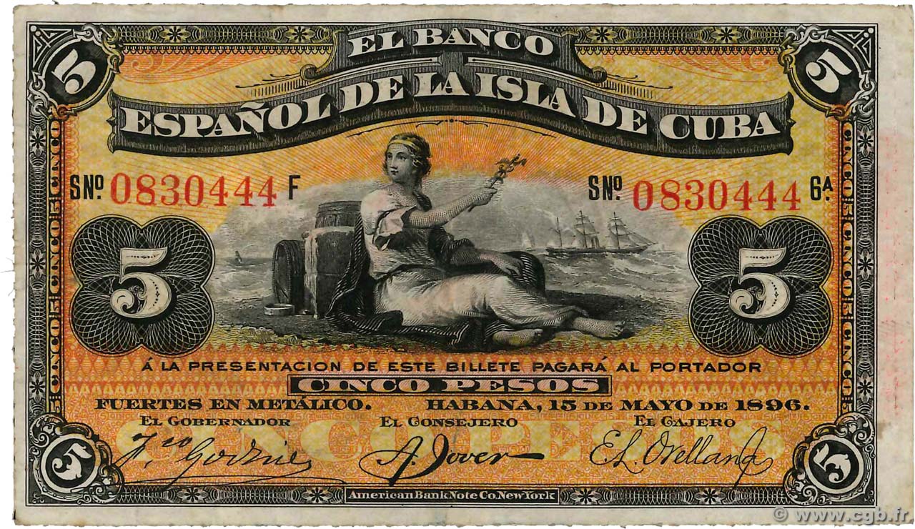 5 Pesos CUBA  1896 P.048b SUP