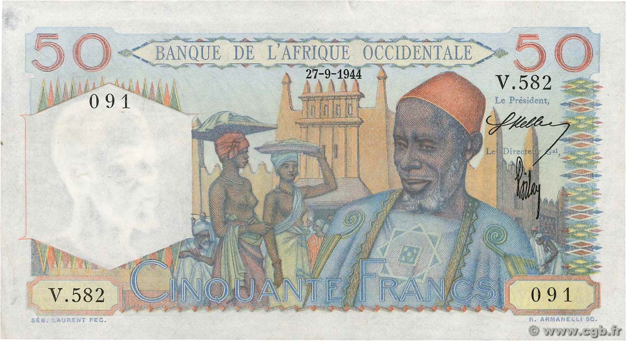 50 Francs FRENCH WEST AFRICA (1895-1958)  1944 P.39 VF+
