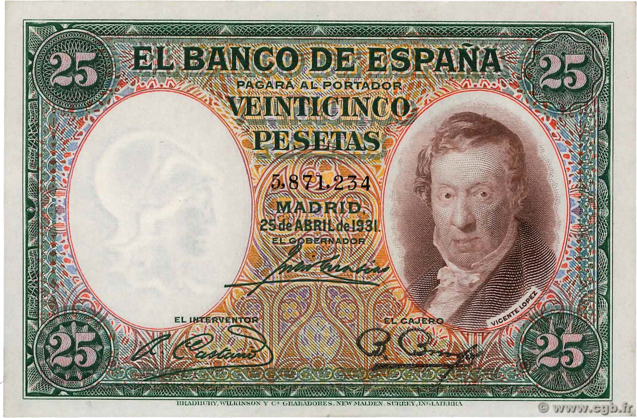 25 Pesetas SPAIN  1931 P.081 XF+