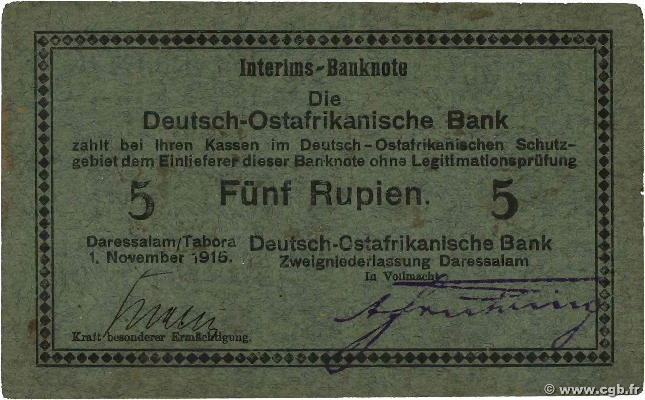 5 Rupien Deutsch Ostafrikanische Bank  1915 P.34a BB
