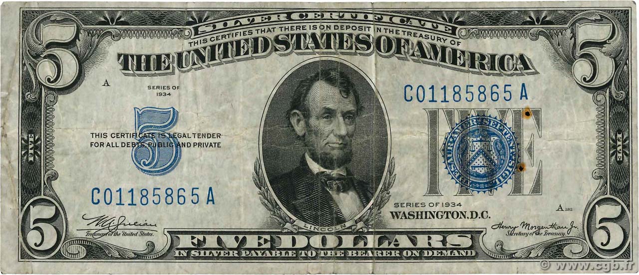 5 Dollars ÉTATS-UNIS D AMÉRIQUE  1934 P.414A pr.TTB