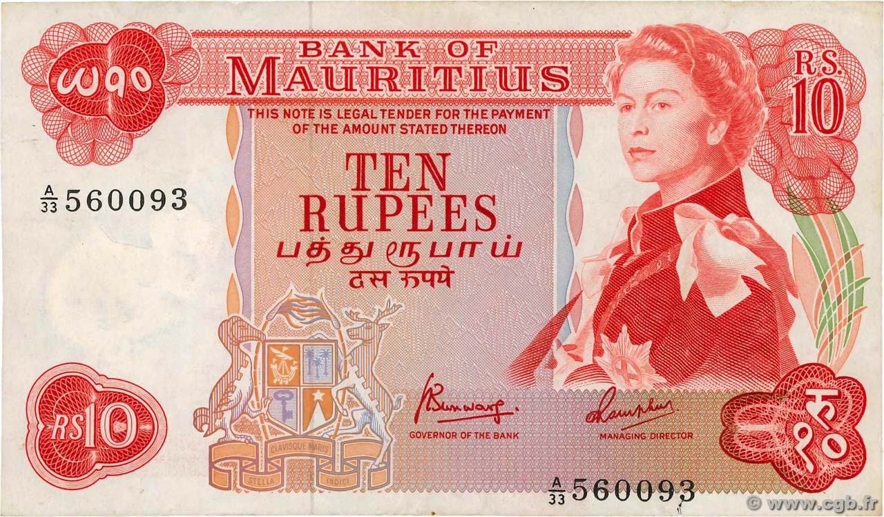 10 Rupees MAURITIUS  1967 P.31c VF+