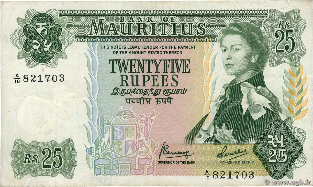 25 Rupees ISOLE MAURIZIE  1967 P.32b q.BB