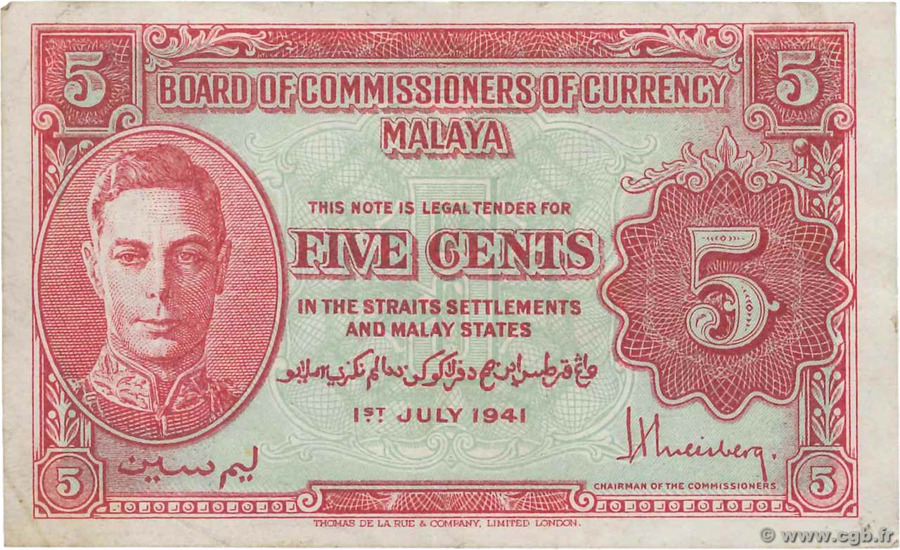 5 Cents MALAYA  1941 P.07a q.SPL