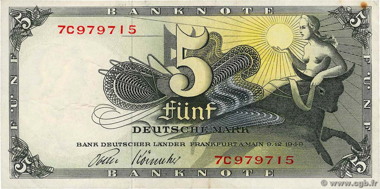 5 Deutsche Mark GERMAN FEDERAL REPUBLIC  1948 P.13i SS