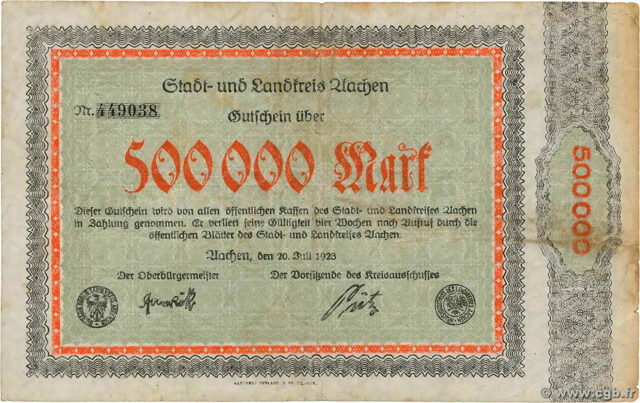 500000 Mark GERMANIA Aachen - Aix-La-Chapelle 1923  MB