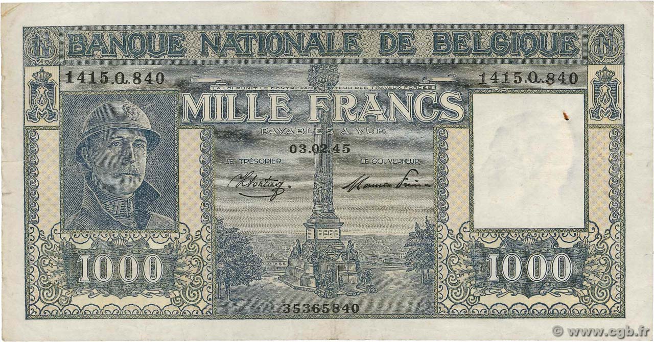 1000 Francs BÉLGICA  1944 P.128b MBC