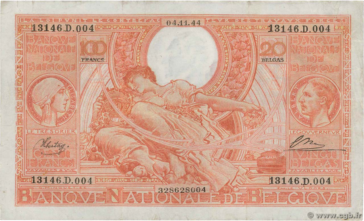 100 Francs - 20 Belgas BELGIO  1944 P.113 BB