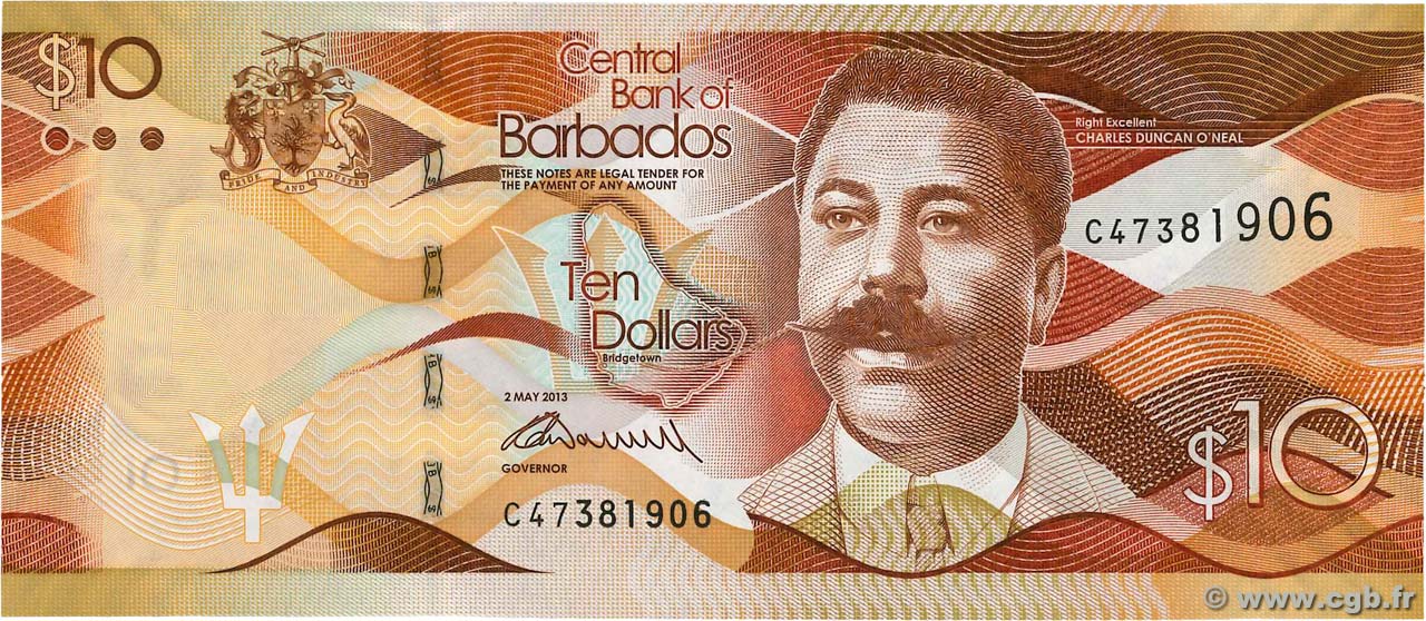 10 Dollars BARBADOS  2013 P.75a ST