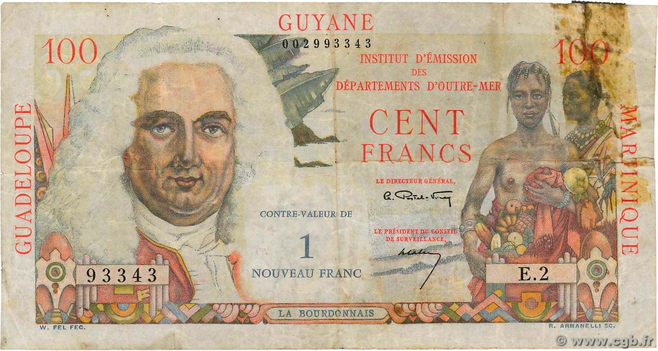 1 NF sur 100 Francs La Bourdonnais FRENCH ANTILLES  1960 P.01 RC+