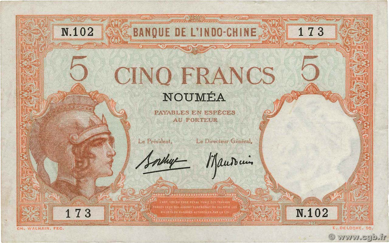 5 Francs NEW CALEDONIA  1940 P.36b VF