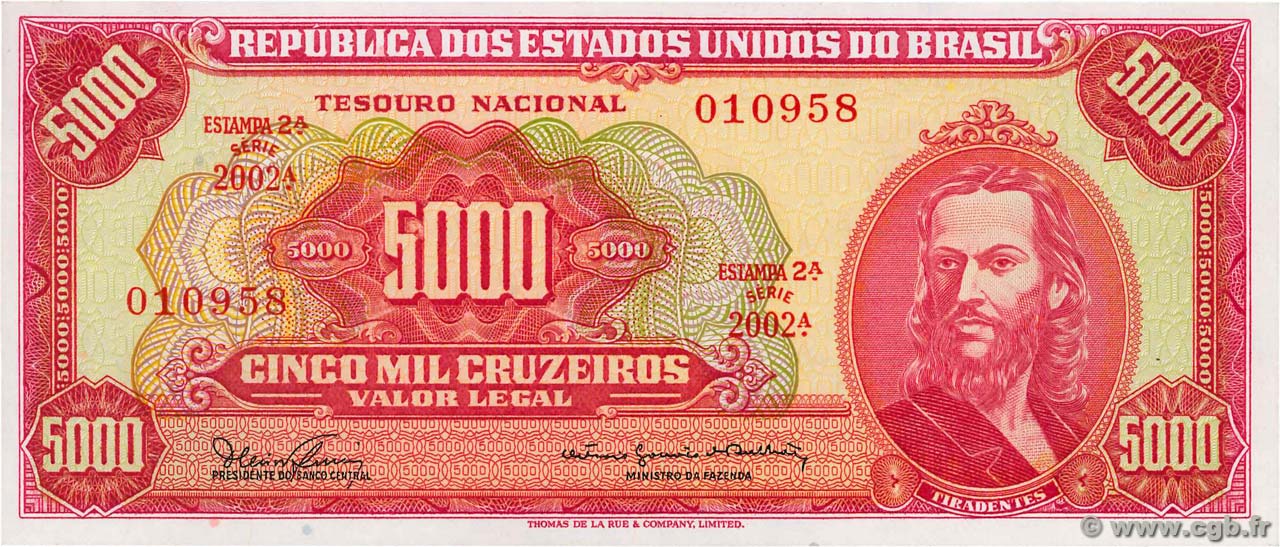 5000 Cruzeiros BRAZIL  1965 P.182A UNC