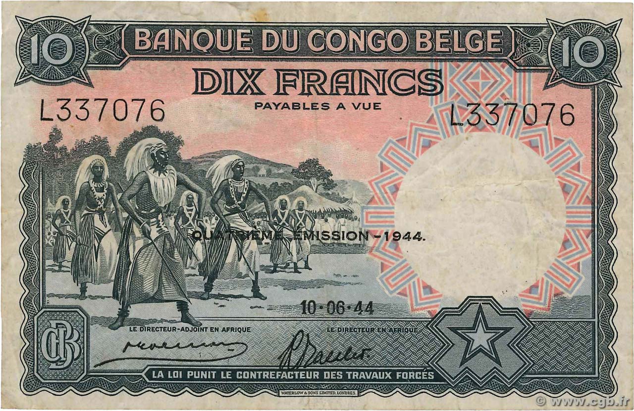 10 Francs CONGO BELGA  1944 P.14D q.BB