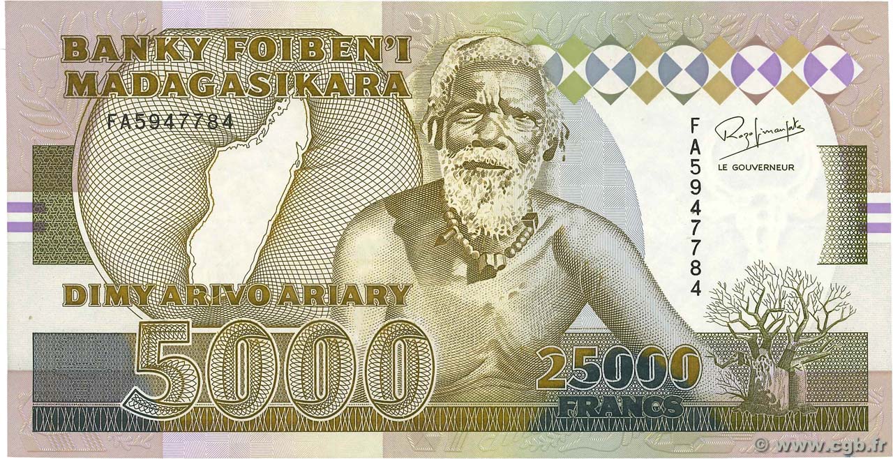 25000 Francs - 5000 Ariary MADAGASCAR  1993 P.074Aa XF